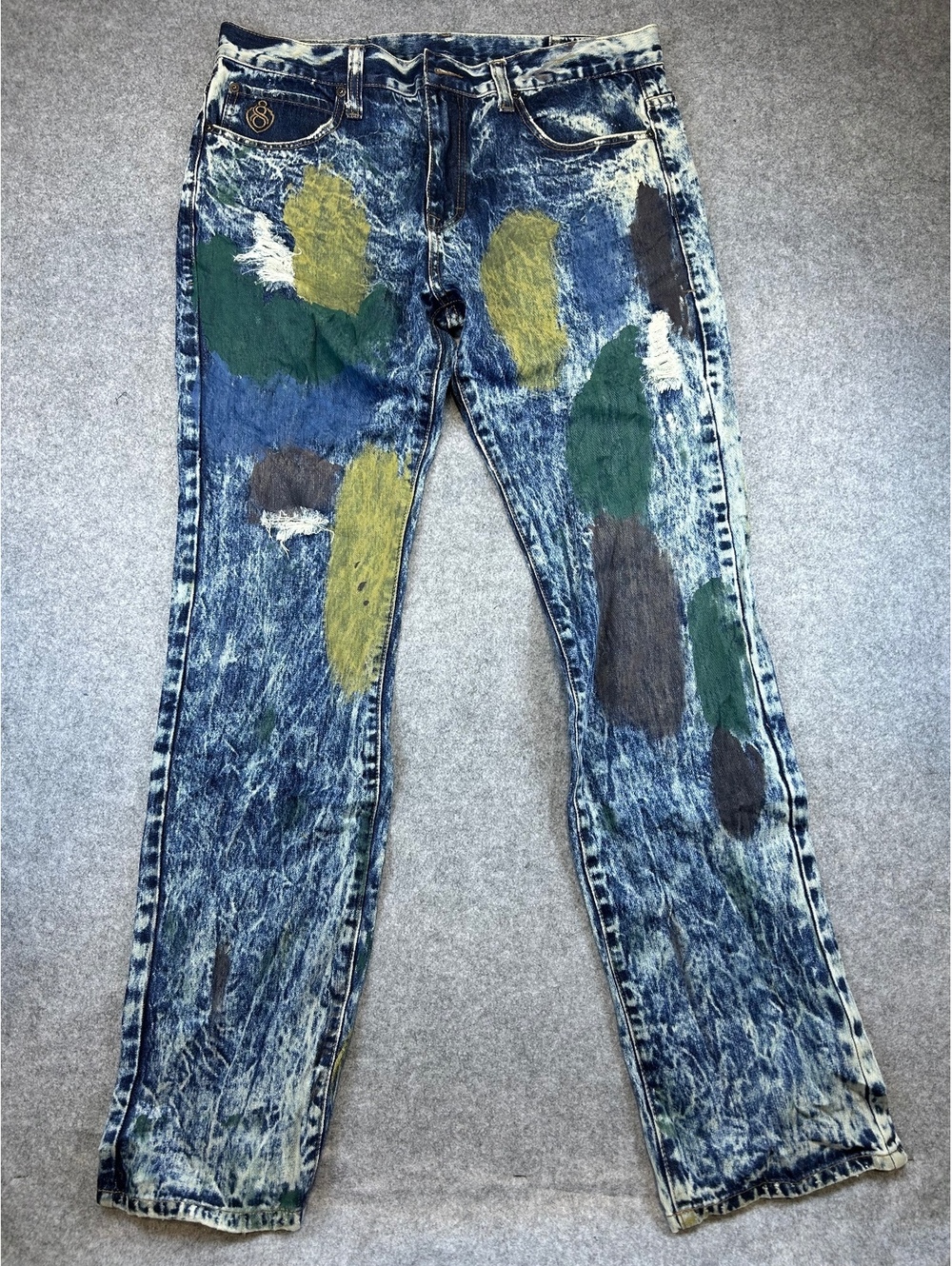 Eight 732 8732 Streetwear Jeans Men 36x34 Waist Acid Wash Paint Splatter Design